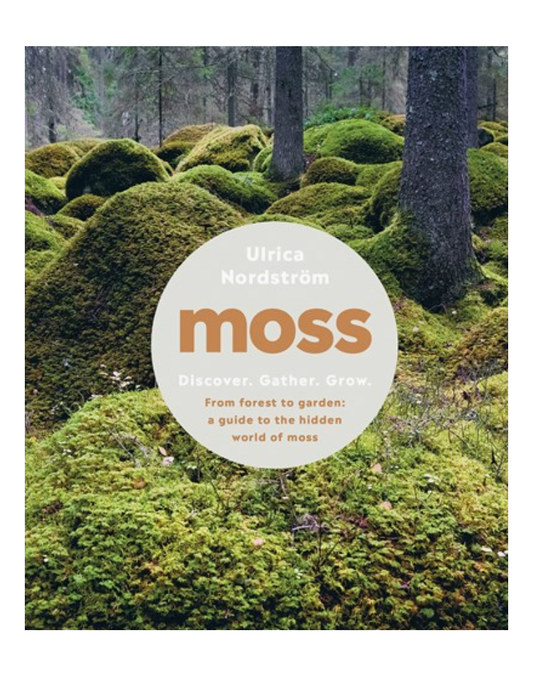 Book cover with moss-covered rocks and trees, featuring the title 'moss' by Ulrika Nordstrom.