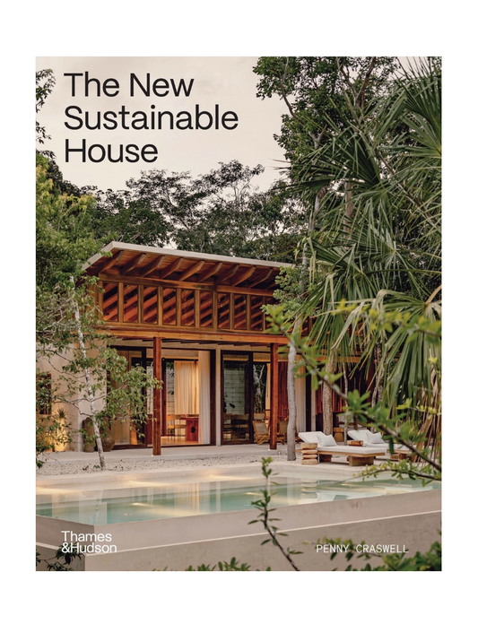 Book cover of 'The New Sustainable House' with a modern house and pool in the background.