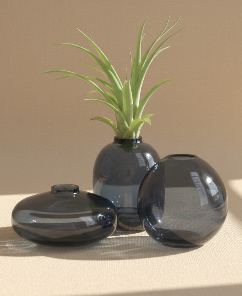Three dark glass vases on a surface with a blurred background