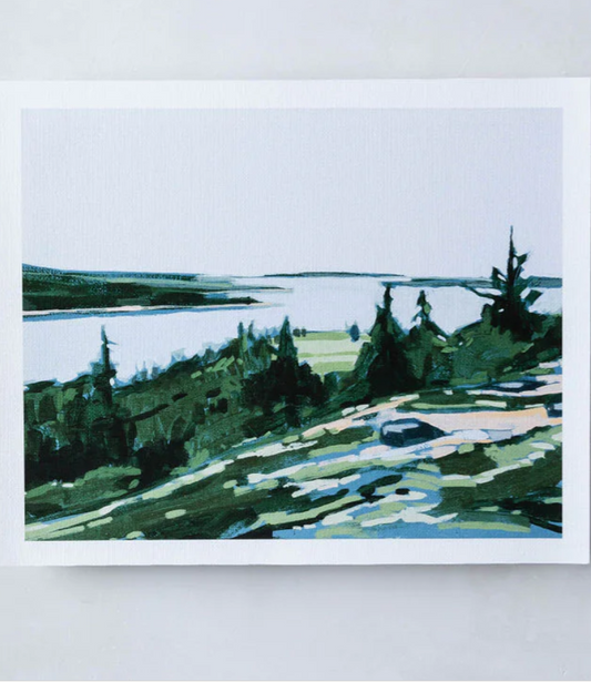 artwork of a landscape with trees and water on a white background