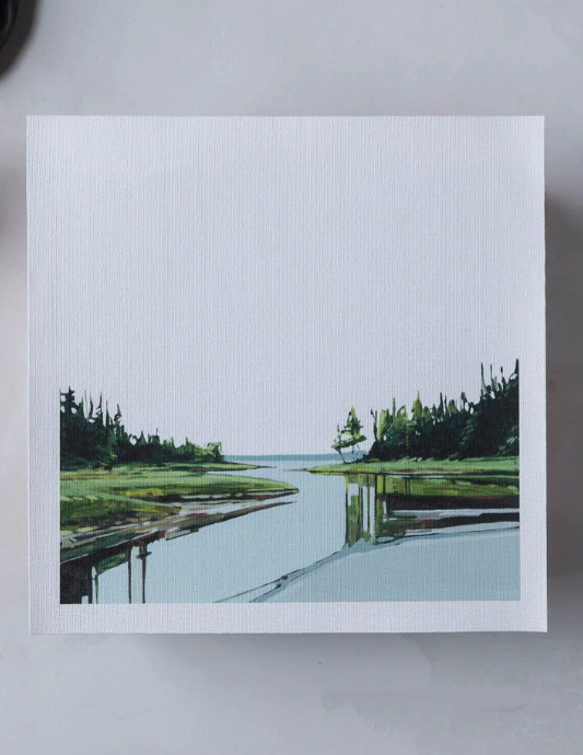 Greeting card with a scenic illustration of a lake and trees on a white background
