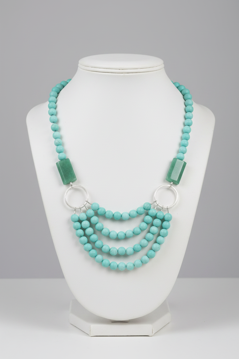  amazonite beaded necklace with green rectangular beads on a wooden stand.