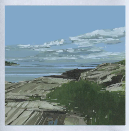 Artistic depiction of a coastal landscape with rocks and water under a blue sky.