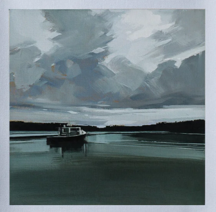 Painting of a boat on water with a cloudy sky