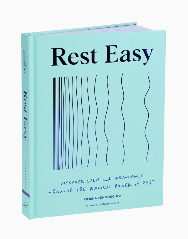 Book titled 'Rest Easy' with a light blue cover on a white background