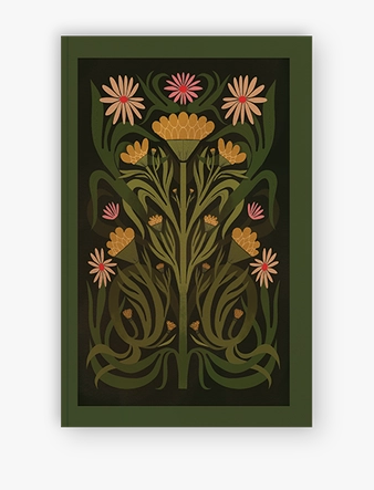 A framed art print featuring a stylized botanical design with green leaves, yellow and orange flowers, and pink blossoms on a dark background, set against a light gray wall.