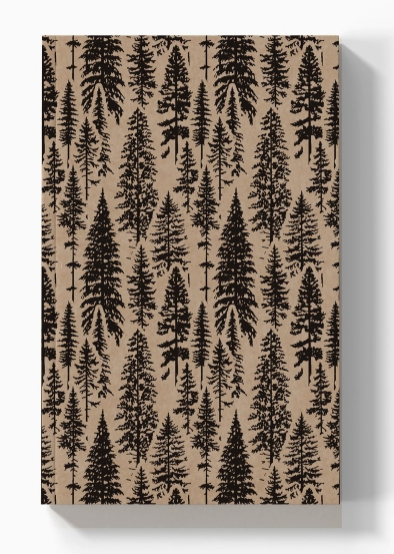 A rectangular product with a repeating black pine tree pattern on a warm beige background, shown against a light gray studio backdrop with a soft shadow.
