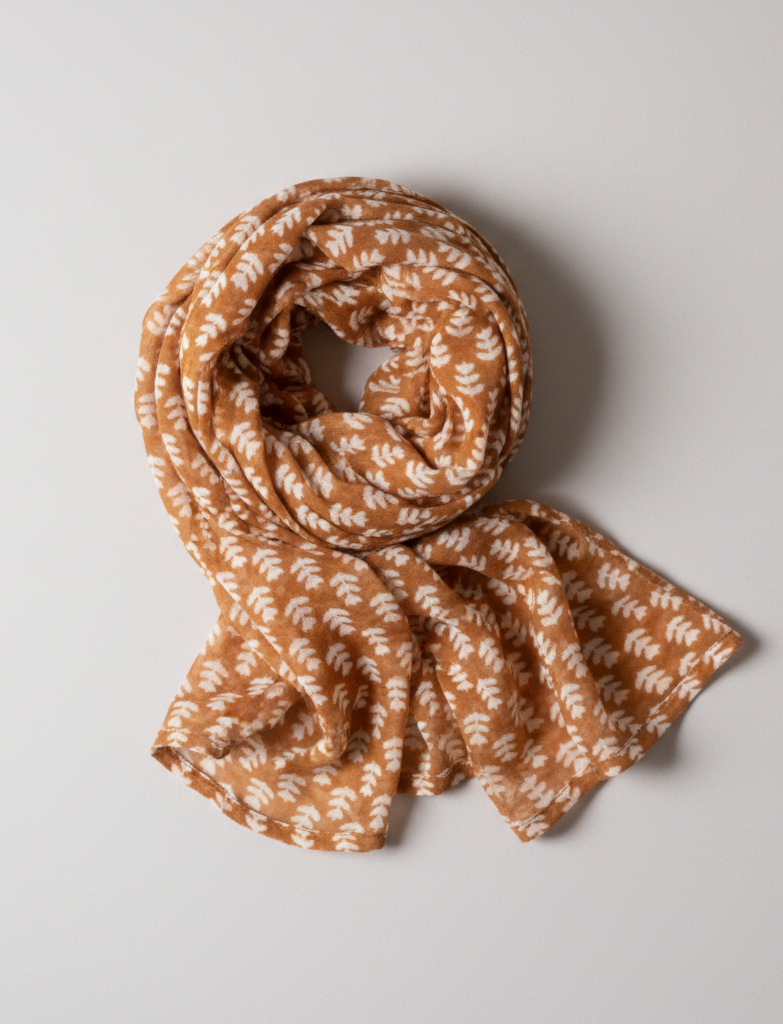 A lightweight scarf in a warm rust-orange color, featuring a repeating white leaf or vine pattern, styled in a loose knot on a plain white background.