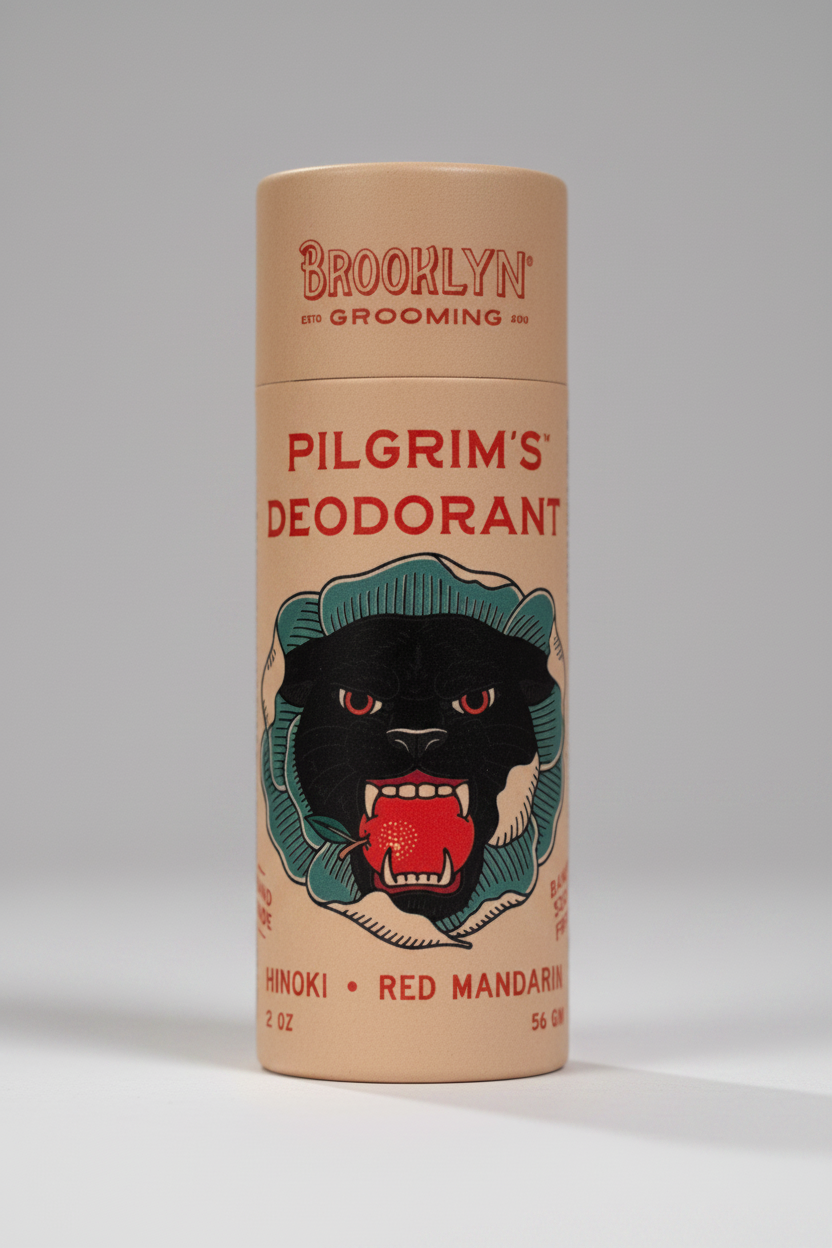 Brooklyn Grooming Pilgrim's Deodorant in a cylindrical cardboard container with a tan background, red text, and a black panther illustration with a red mandarin and green hat.