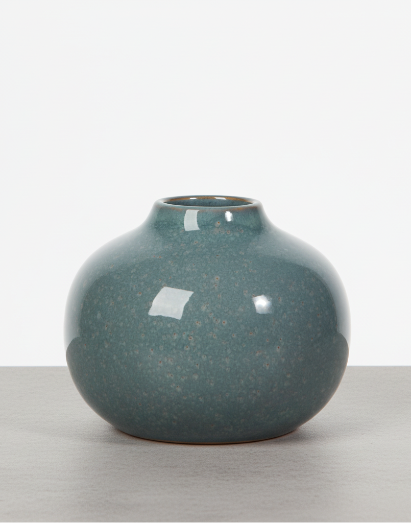 A small round ceramic vase with a short neck, featuring a speckled slate blue-green glaze and a glossy finish, set against a plain white background.