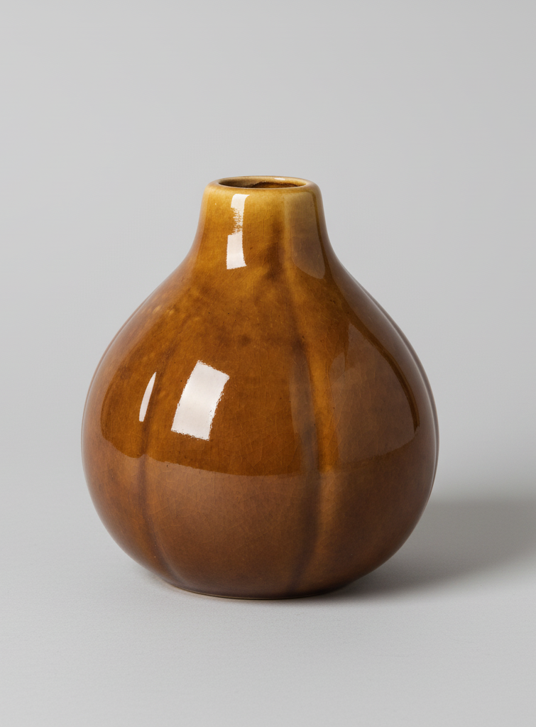A glossy brown ceramic vase with a rounded bulbous body and a narrow neck, shown on a plain white background.