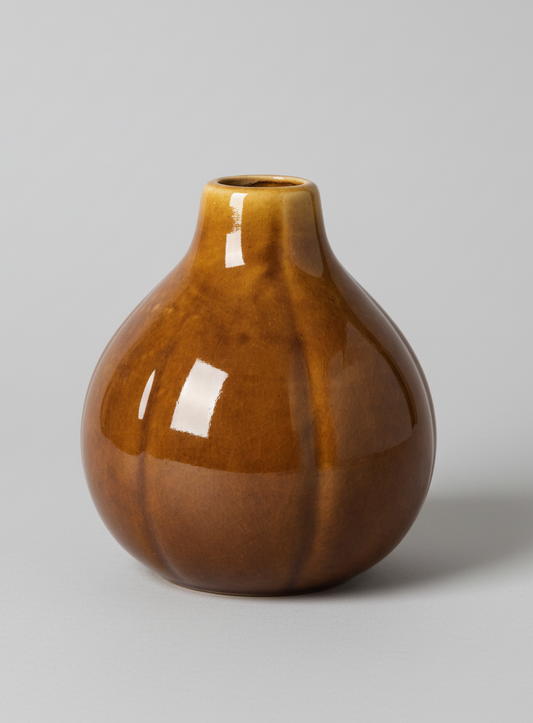 A glossy brown ceramic vase with a rounded bulbous body and a narrow neck, shown on a plain white background.