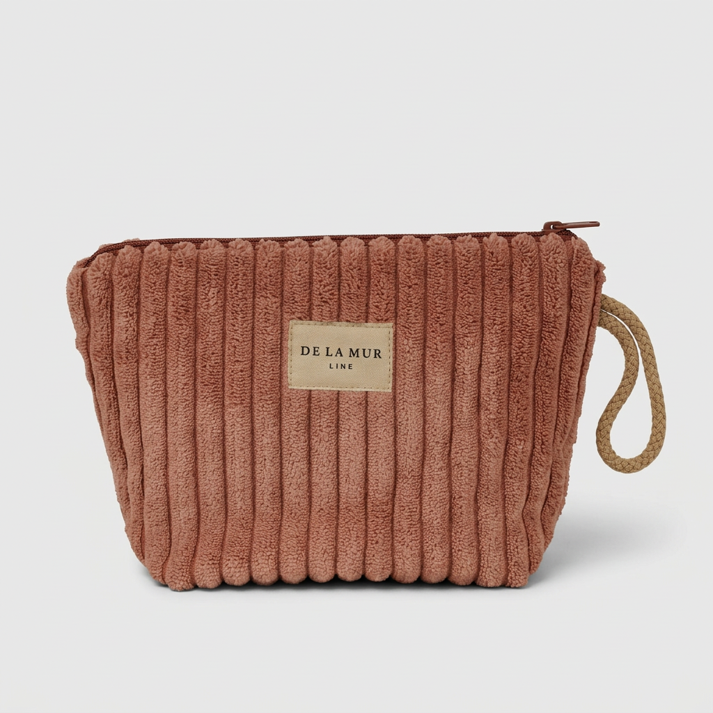 A dusty rose corduroy cosmetic pouch with a beige fabric brand label reading 'DELA MUR LINE' and a natural jute loop handle, shown on a light gray background.