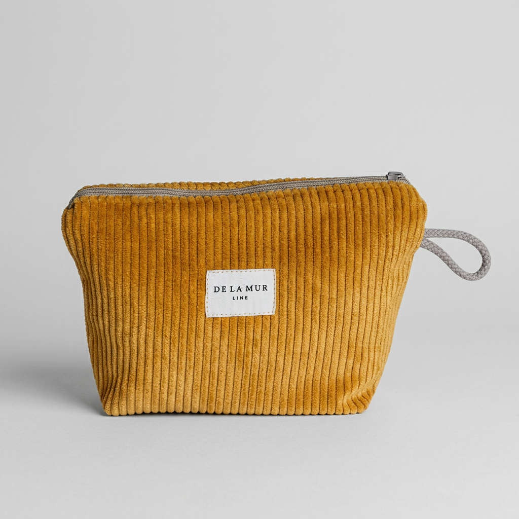 A mustard yellow corduroy pouch with a gray zipper and a white label reading 'DE LA MUR LONDON' on a white background.