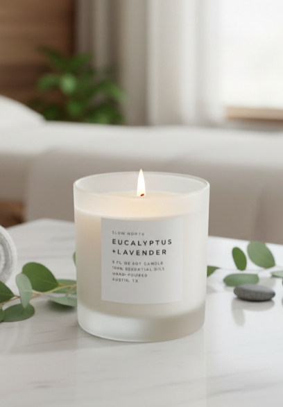 Candle with eucalyptus and lavender label on a table with greenery