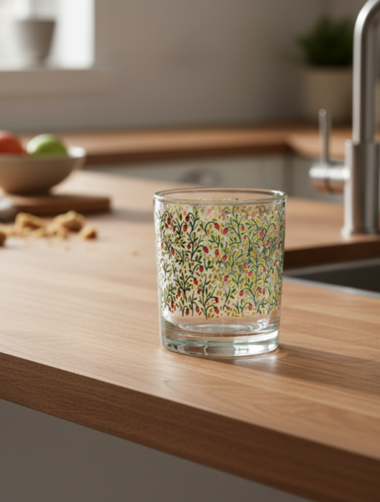 Glass with strawberry floral pattern on a kitchen counter