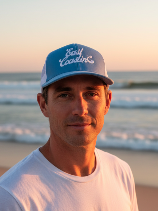 Man wearing a blue cap with 'East Coasting' on a beach at sunset