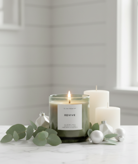 Two candles, one labeled 'Revive', on a surface with greenery and a neutral background