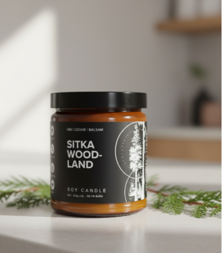 Jar of Sitka Wood-Land candle on a white surface with greenery