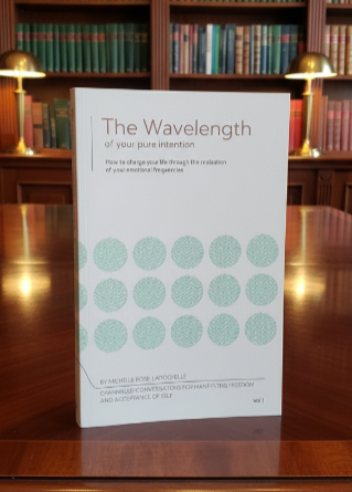 Book titled 'The Wavelength of your pure intention' on a wooden surface with bookshelves in the background.