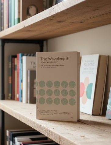 Book titled 'The Wavelength' on a wooden shelf with other books.