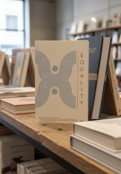 Book with a butterfly design and 'Equality' text on a shelf in a bookstore.