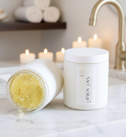 Salt scrub jar and container on a bathroom counter with candles in the background