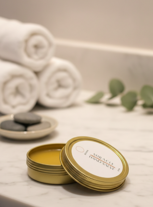 Gold tin with a white label on a marble surface with towels and stones in the background