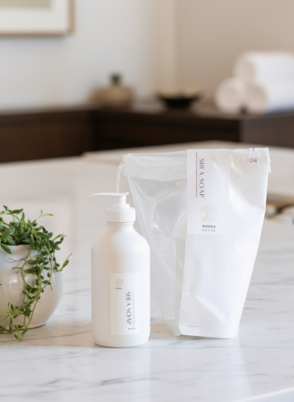 White bottle and bag on a marble surface with a blurred background