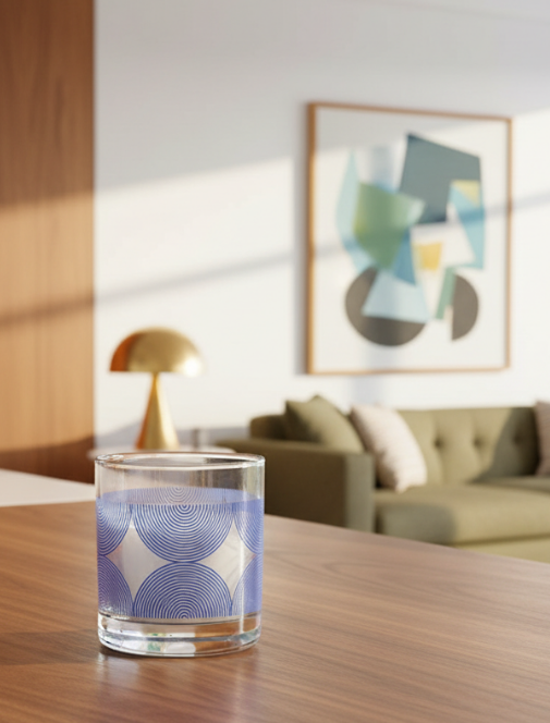 Glass with blue and white pattern on a wooden table in a living room setting