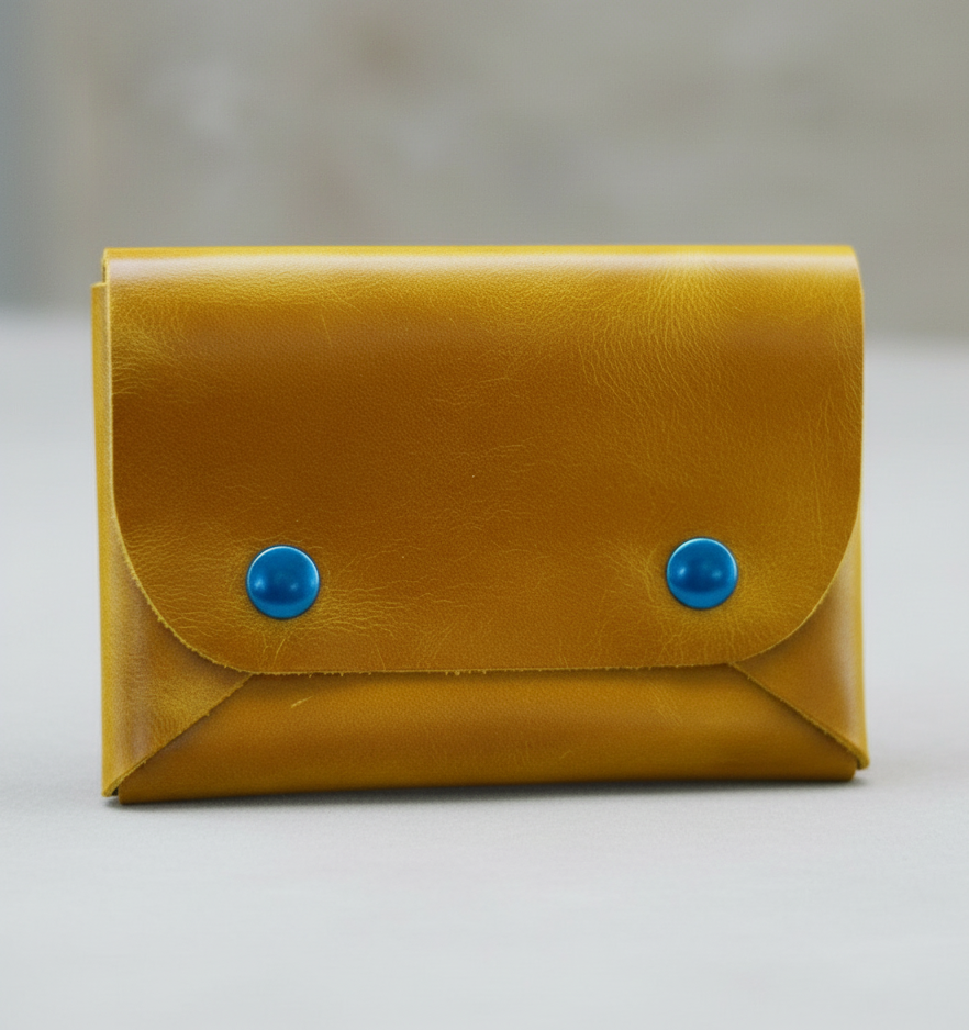 Yellow leather wallet with two buttons on a wooden surface with stones.