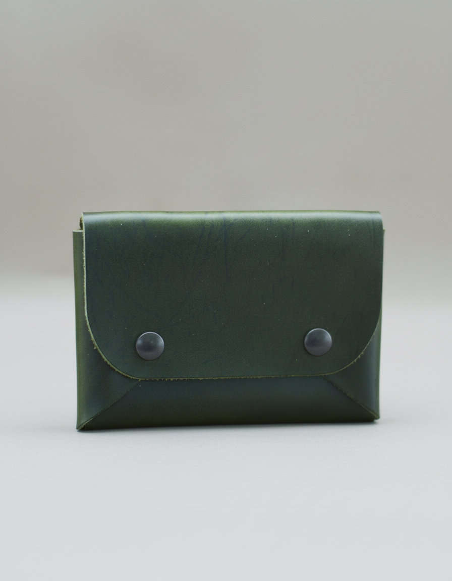 Green leather wallet with two buttons on a wooden surface