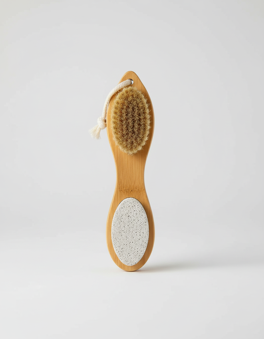 Wooden pumice brush with natural bristles on a white fabric background