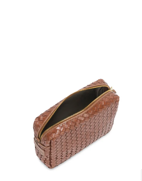 Brown woven clutch bag with gold zipper on a white background