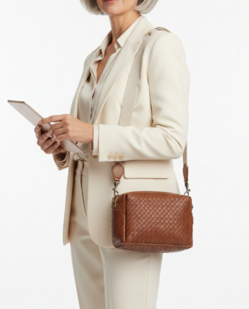 Woman in a beige suit holding a brown woven handbag on a white background