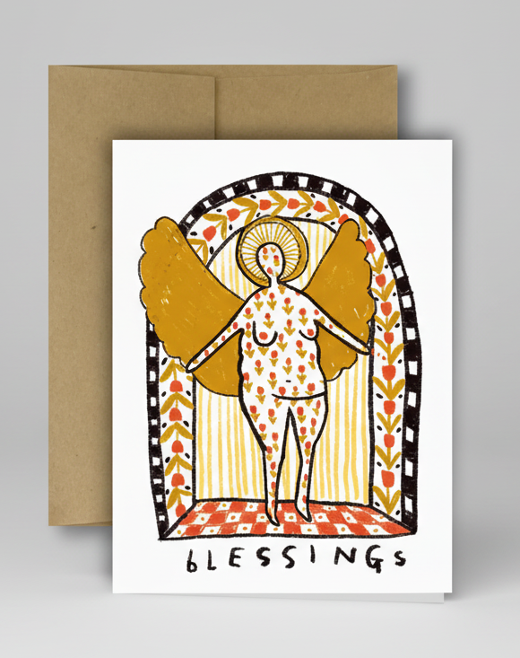 Greeting card with an angel illustration and 'blessings' text, featuring a brown envelope.