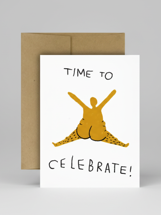 Greeting card with a celebratory illustration and text 'Time to Celebrate!' on a white background.
