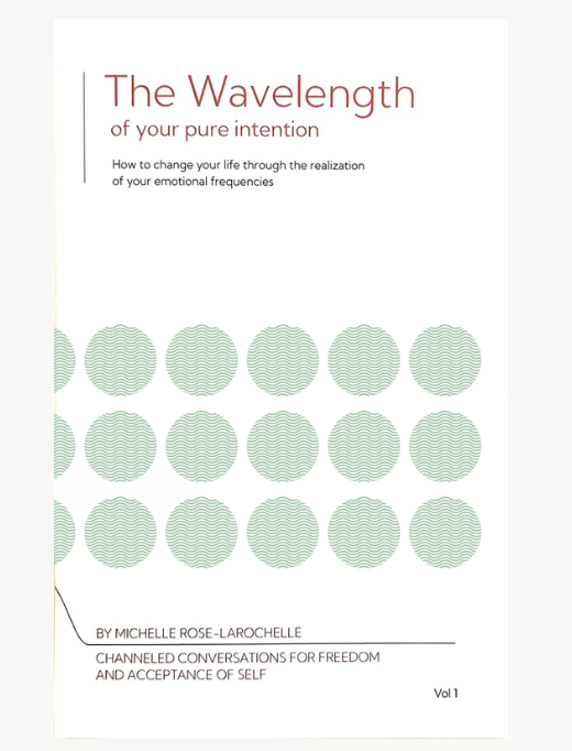 Book cover with green circular patterns and text about intention and emotional frequencies.