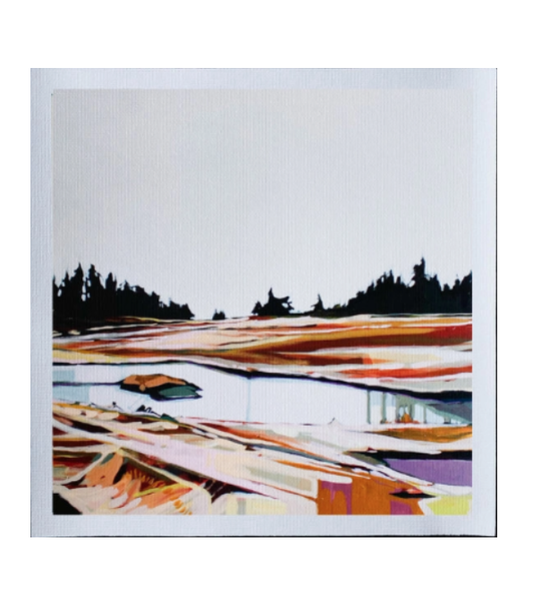 Abstract landscape painting with trees and a lake.