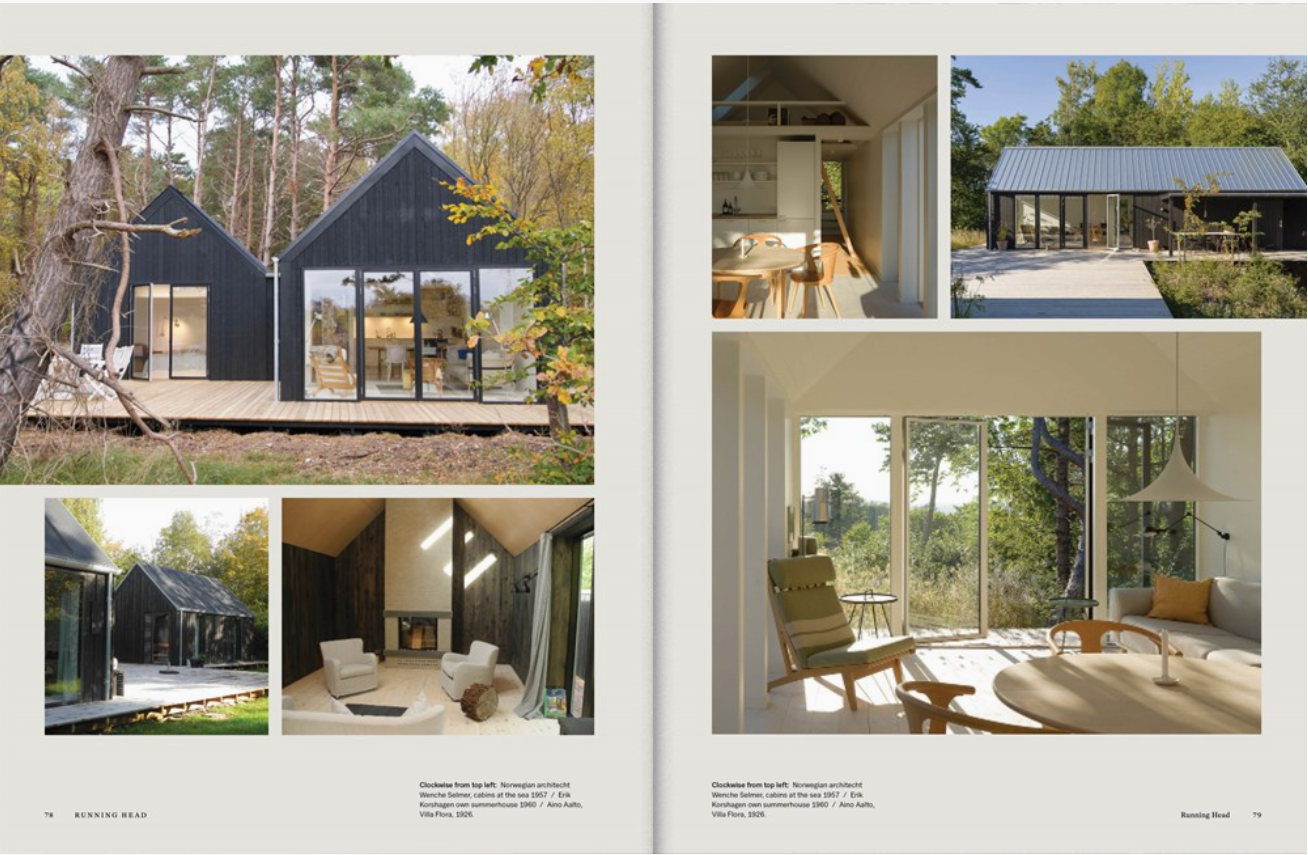 Collage of modern houses with interior and exterior views, surrounded by trees.