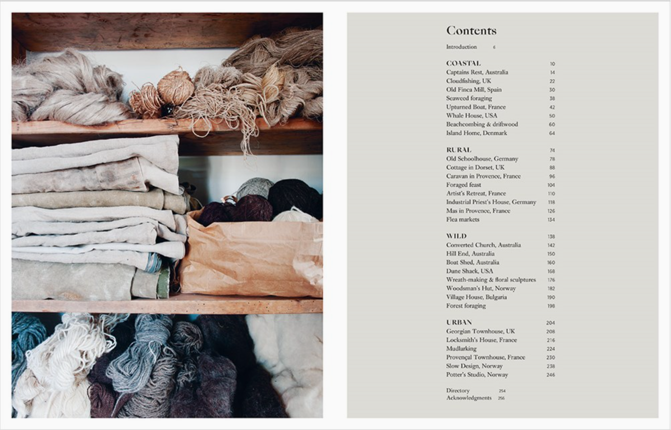 Textile items on shelves with a table of contents on the right