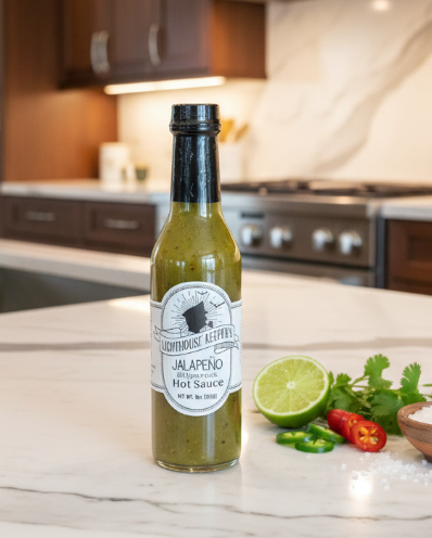 Bottle of jalapeno hot sauce on a kitchen counter with ingredients.