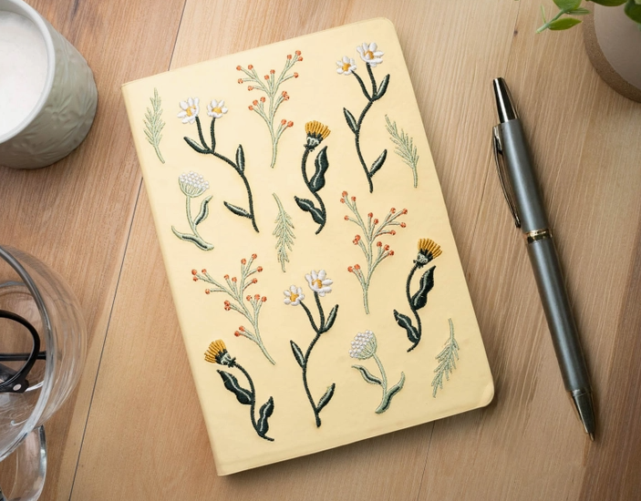 A cream-colored hardcover journal with embroidered wildflowers, shown in a styled flat-lay on a wooden desk next to a pen and a mug.