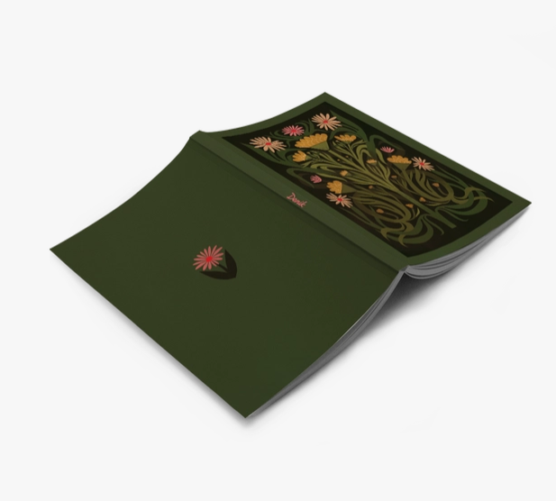An open book or notebook with a dark olive green cover and a floral illustration on the inner pages, shown on a light gray background.