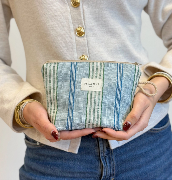 Small Makeup Bag |  Blue + Green Striped Jacquard
