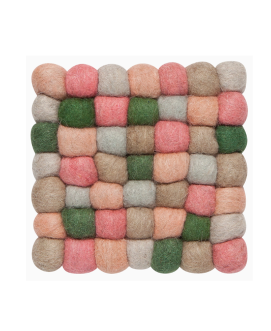 A square woven felt mat featuring a multicolor pattern of pink, sage green, beige, and light gray felt loops, shown on a solid white background.
