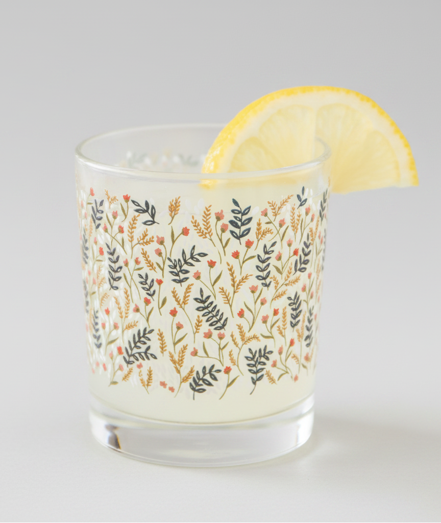 Decorative glass with floral pattern on a blurred natural background