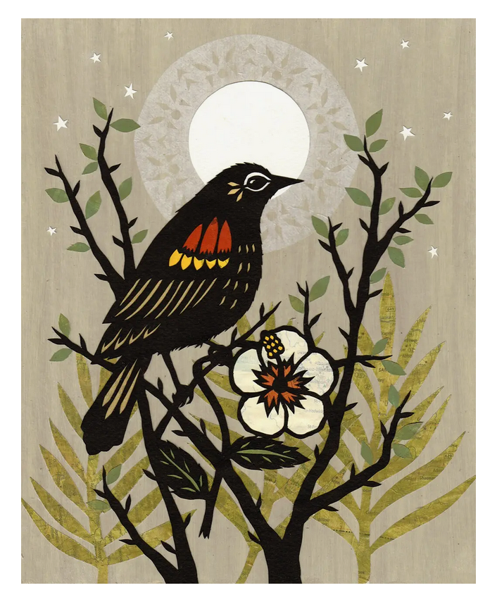 handmade cut paper art print. bird and tree  by Angie Pickman. 