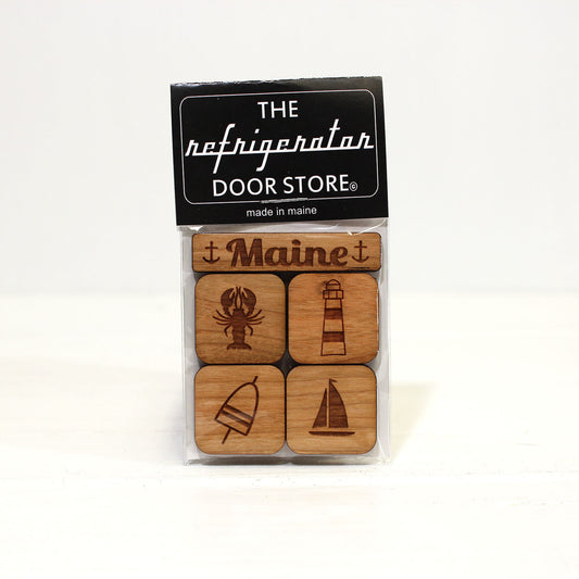handmade in maine wooden magnets. lobster lighthouse buoy