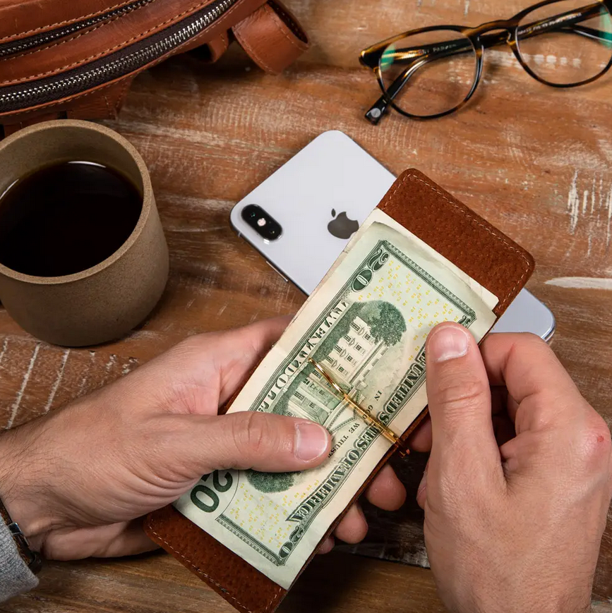 sustainable leather money clip wallet